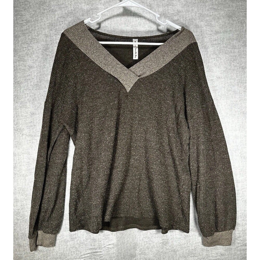 Vanilla Bay Waffle Knit Cotton V-neck Sweater Long Sleeve NoTag Size Large Brown